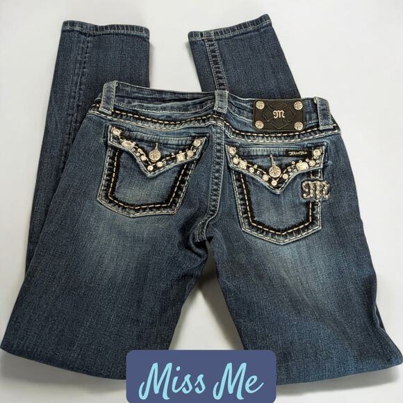 MISS ME Skinny Jeans Big Rhinestone Beaded Pockets Y2K Denim Women's 28 - Picture 2 of 8